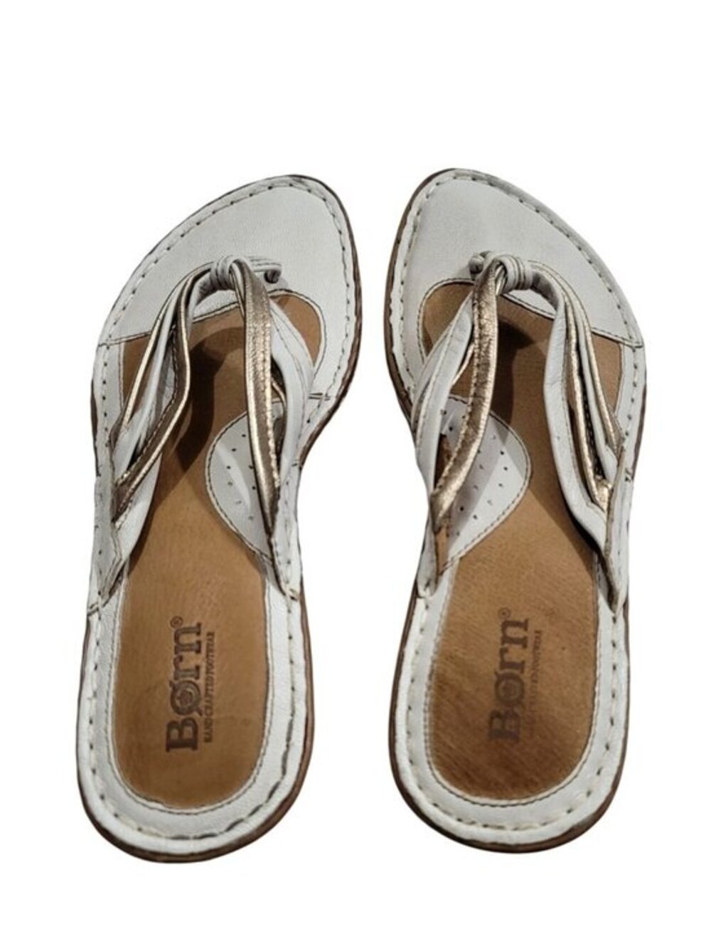 Born Womens Leather Thong Sandals Size 7 White Metallic Gold